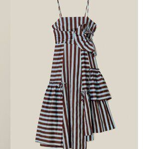Farm Rio brown and blue tropical flight stripes organic cotton midi dress